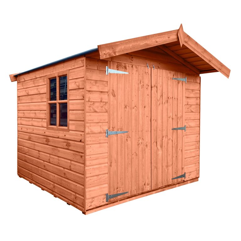 Compact garden storage cabin with a cottage window and roof canopy